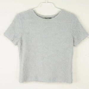 Vintage 90s Vivian Shyu Fuzzy Boucle Ice Grey Blue Short Sleeve Knit Top